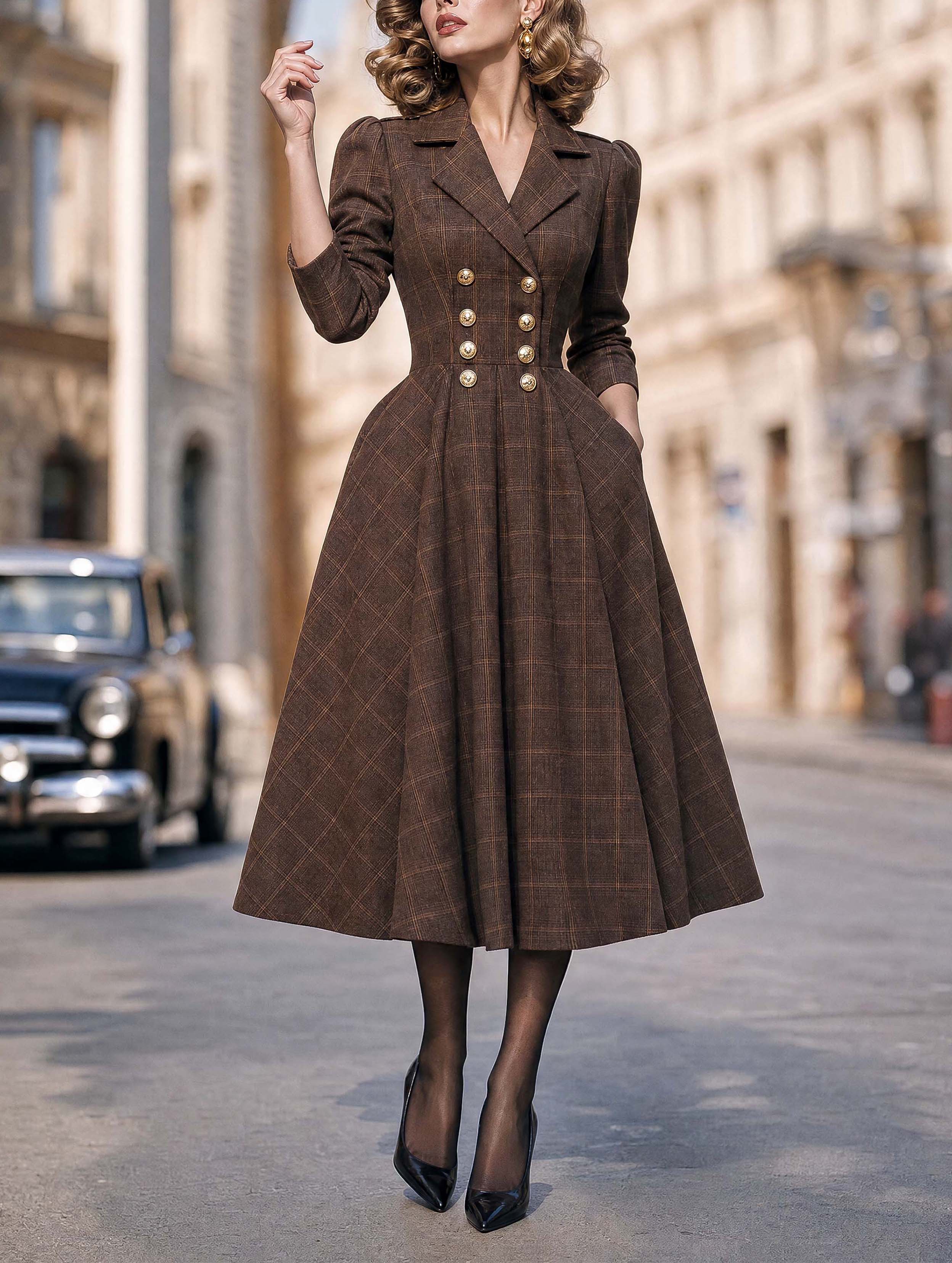 Vintage Plaid Double‑Breasted Midi Dress