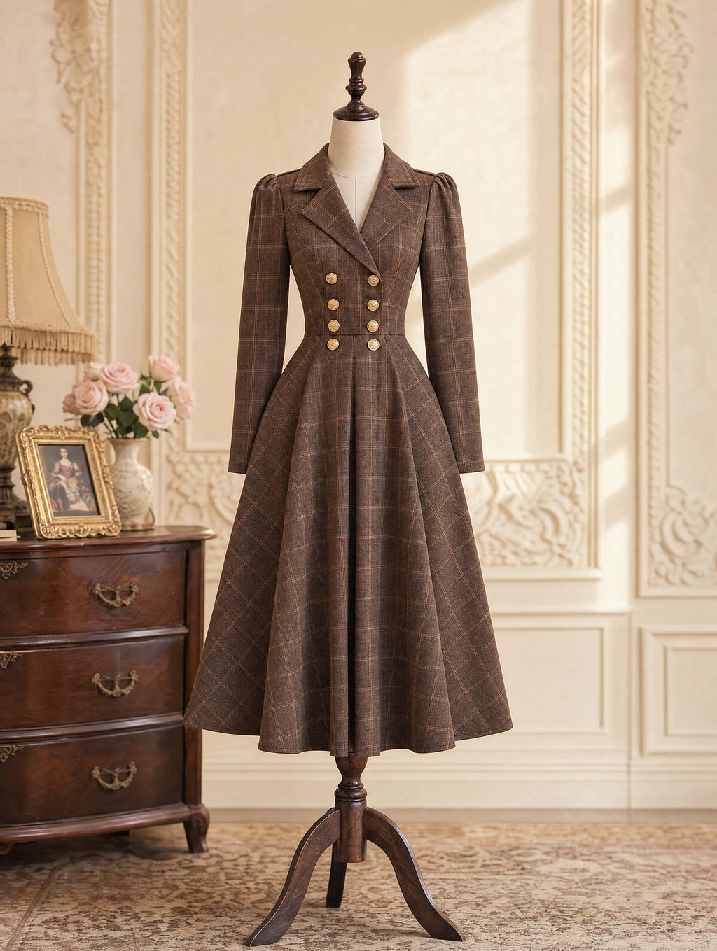 Vintage Plaid Double‑Breasted Midi Dress