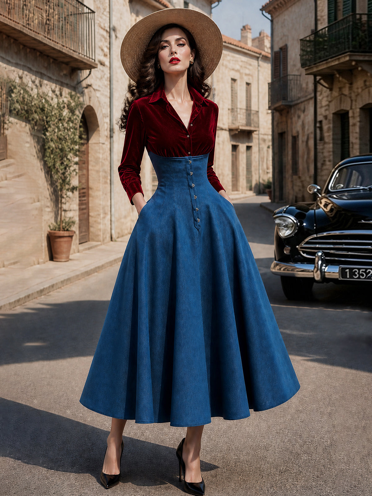 Vintage Red Velvet Blue Denim High-Waist Maxi Dress