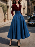 Vintage Red Velvet Blue Denim High-Waist Maxi Dress