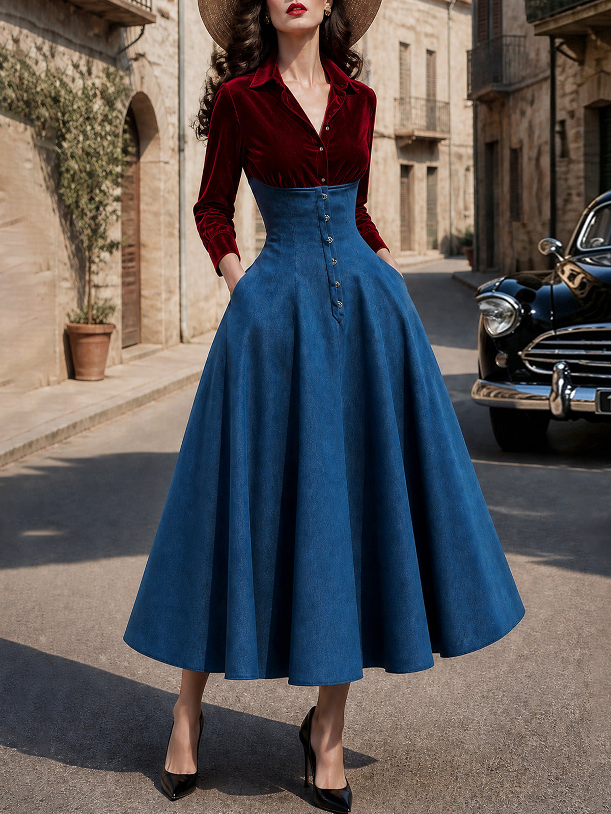 Vintage Red Velvet Blue Denim High-Waist Maxi Dress