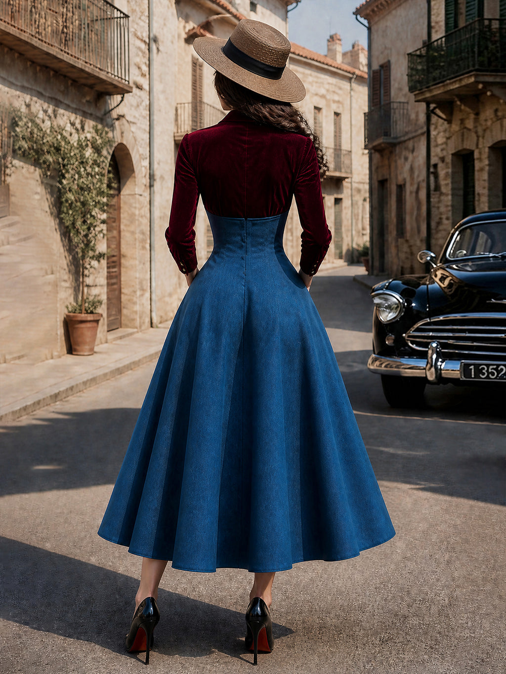 Vintage Red Velvet Blue Denim High-Waist Maxi Dress