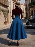 Vintage Red Velvet Blue Denim High-Waist Maxi Dress