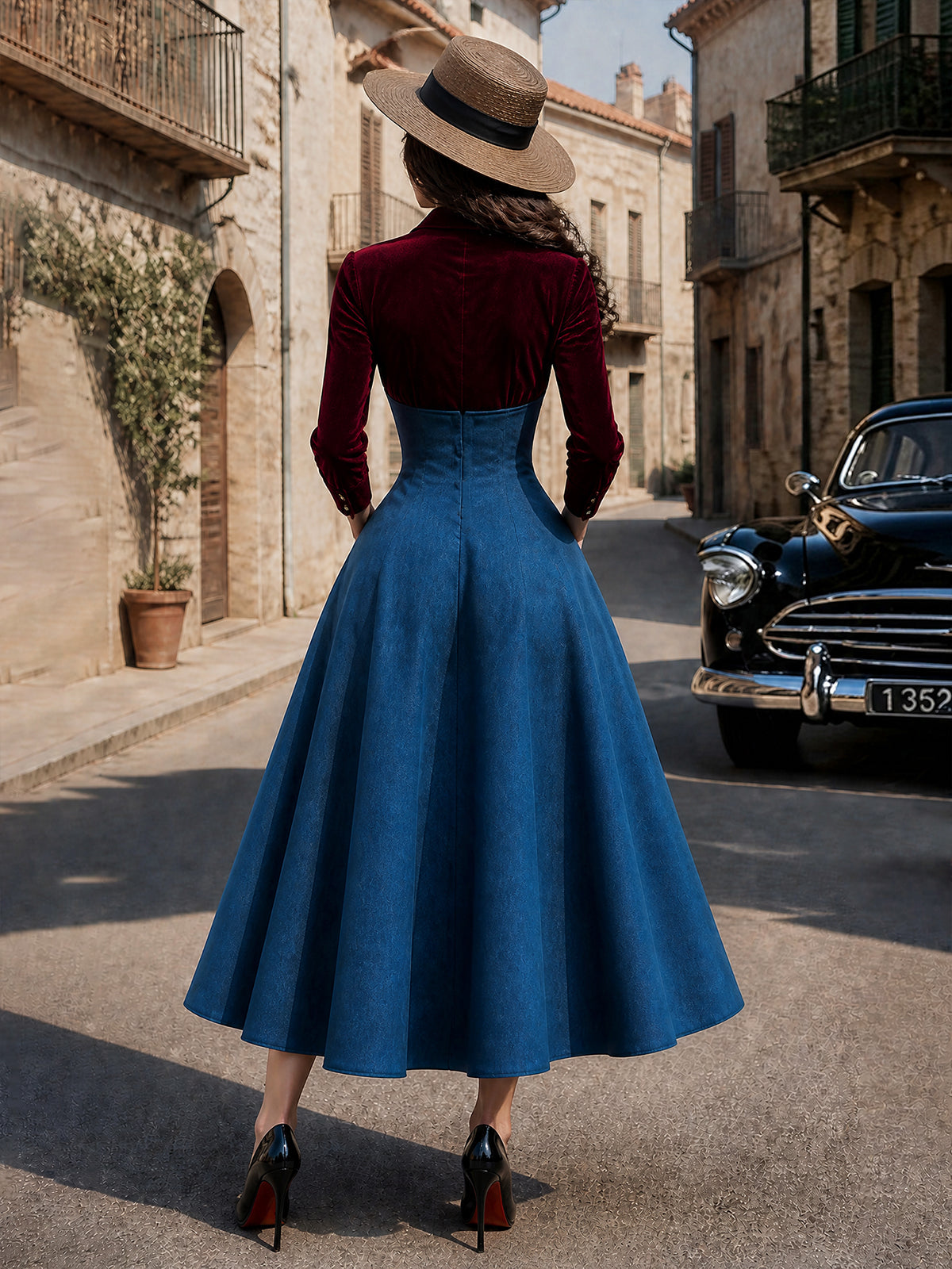 Vintage Red Velvet Blue Denim High-Waist Maxi Dress