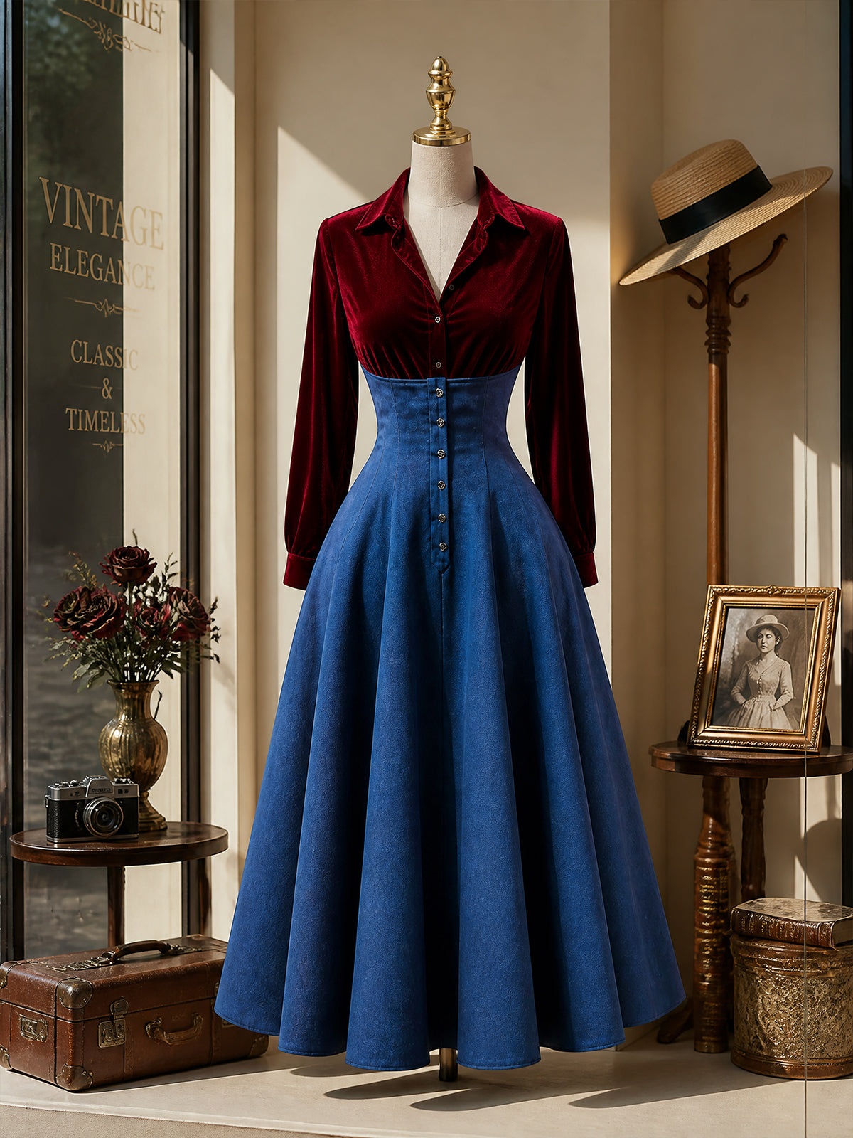 Vintage Red Velvet Blue Denim High-Waist Maxi Dress