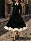 Vintage Black Velvet White-Collar Tie-Neck A-Line Dress