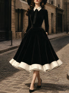 Vintage Black Velvet White-Collar Tie-Neck A-Line Dress