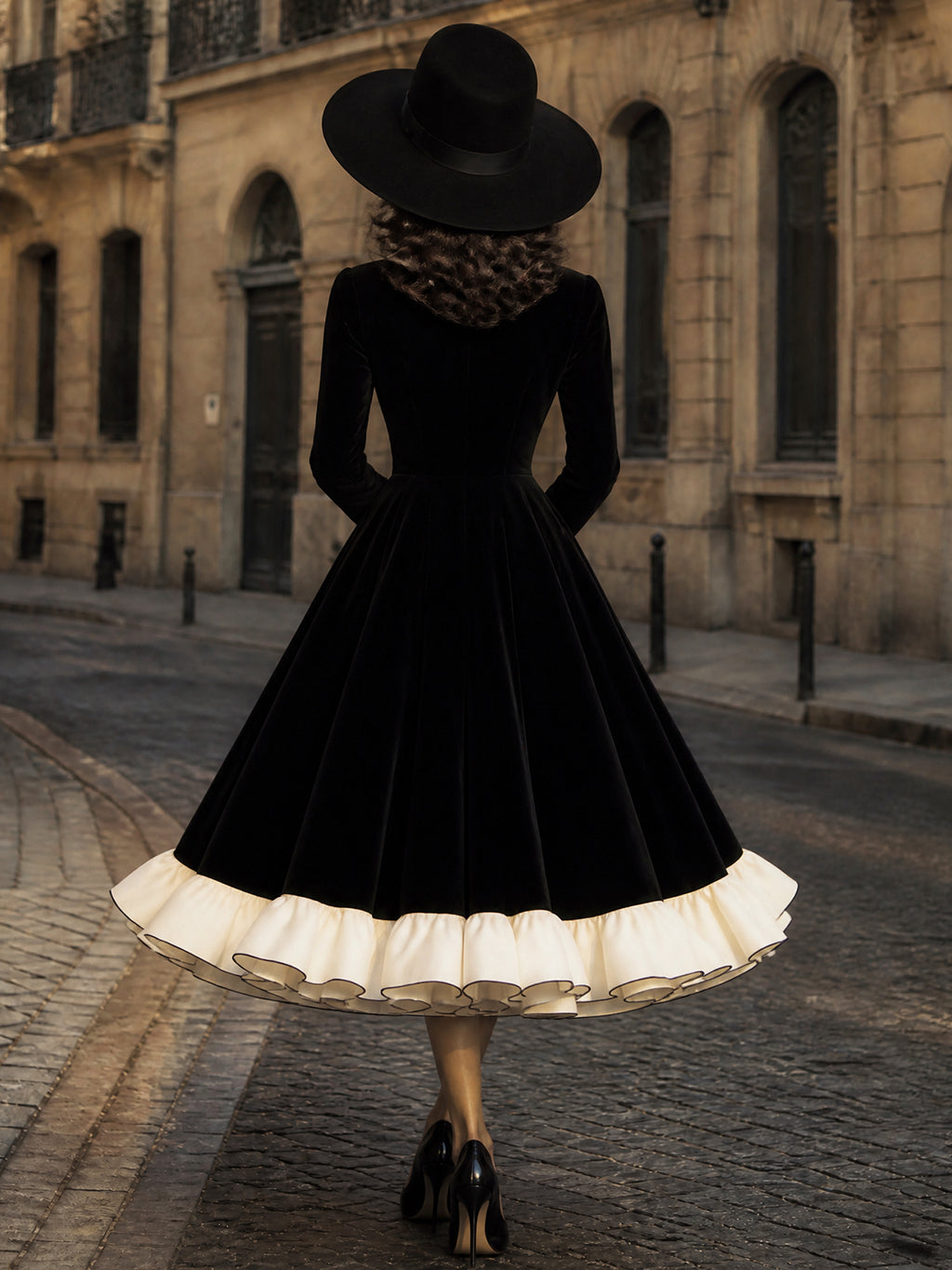 Vintage Black Velvet White-Collar Tie-Neck A-Line Dress