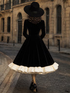 Vintage Black Velvet White-Collar Tie-Neck A-Line Dress