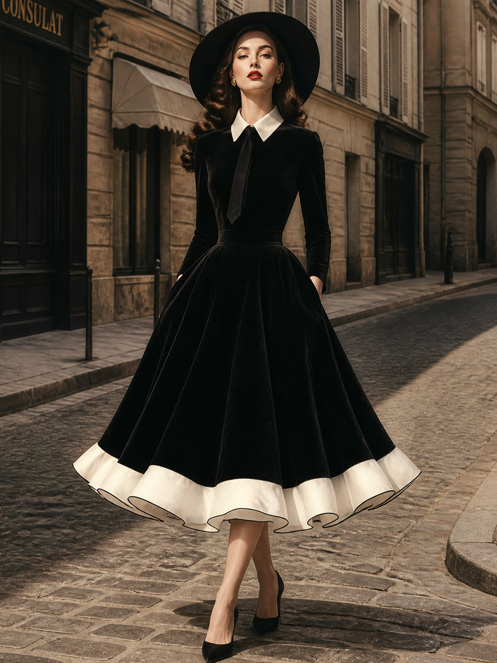 Vintage Black Velvet White-Collar Tie-Neck A-Line Dress