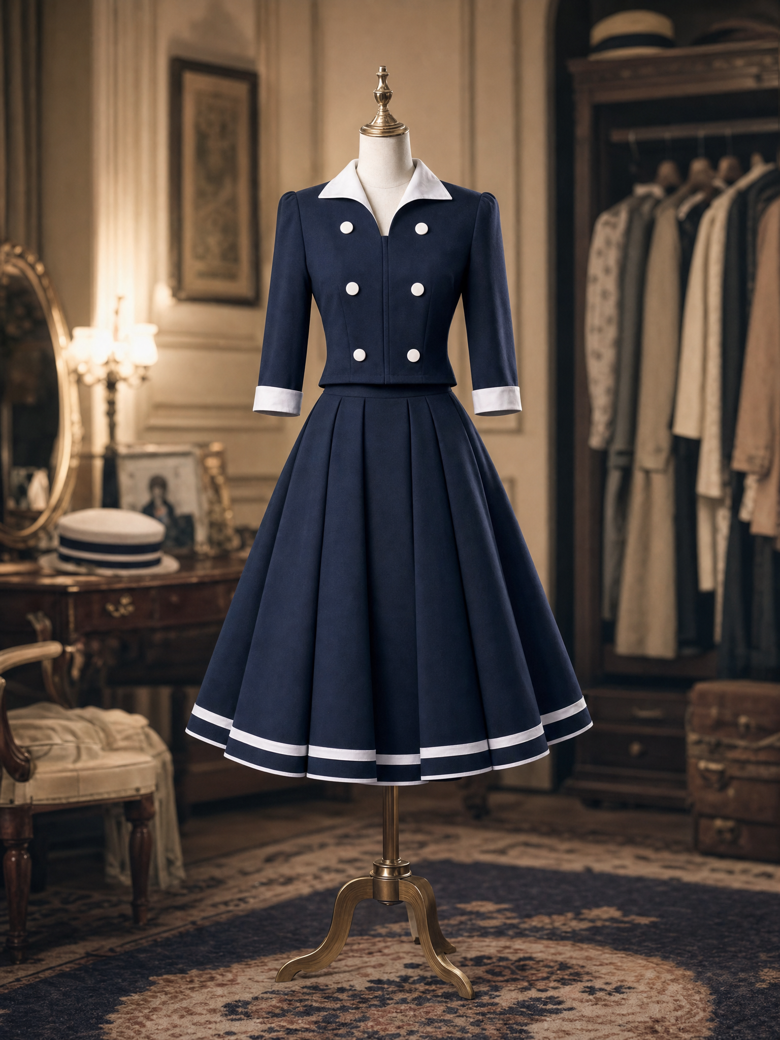 Vintage Hepburn Navy Two Piece Top A‑Line Midi Skirt Set