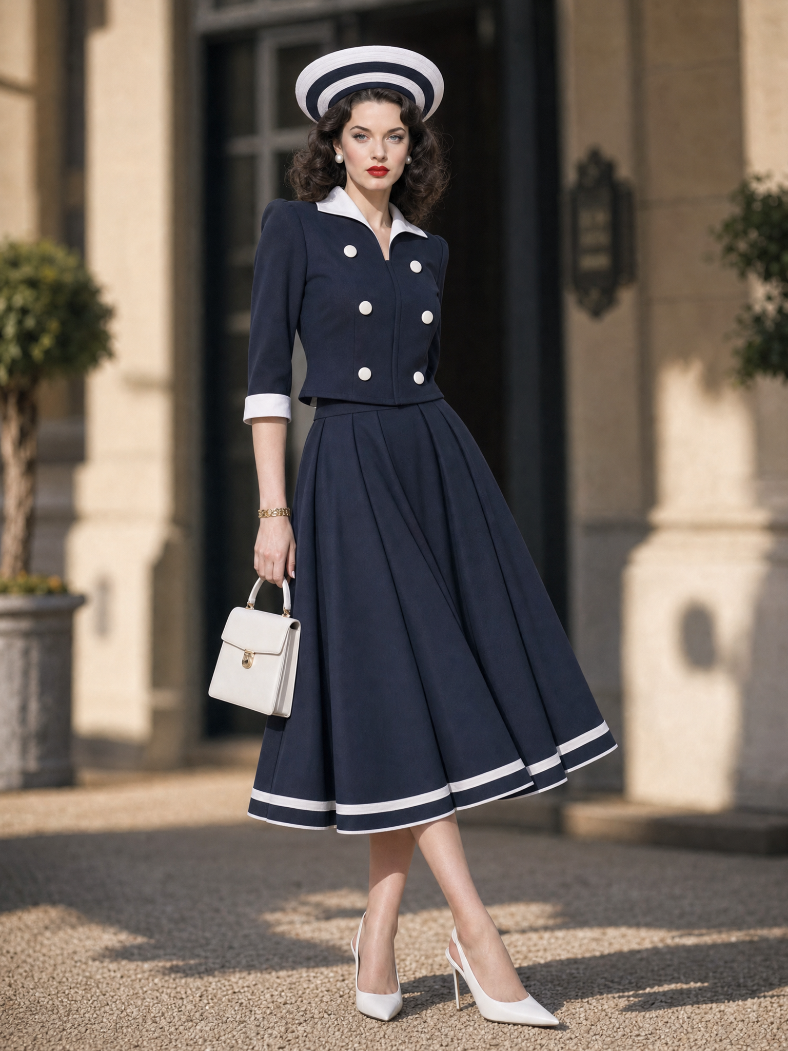 Vintage Hepburn Navy Two Piece Top A‑Line Midi Skirt Set