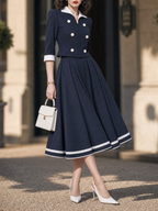 Vintage Hepburn Navy Two Piece Top A‑Line Midi Skirt Set