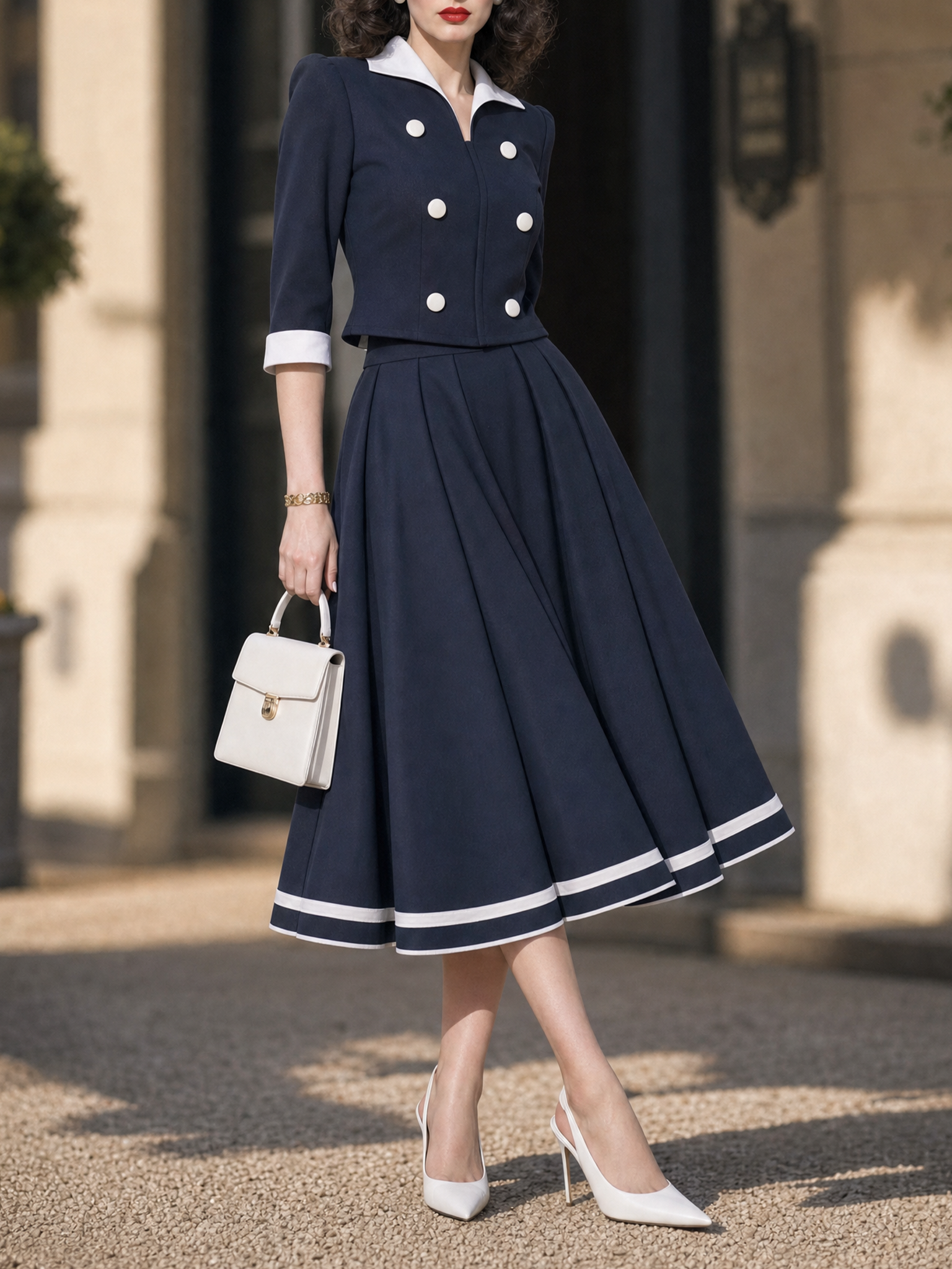 Vintage Hepburn Navy Two Piece Top A‑Line Midi Skirt Set