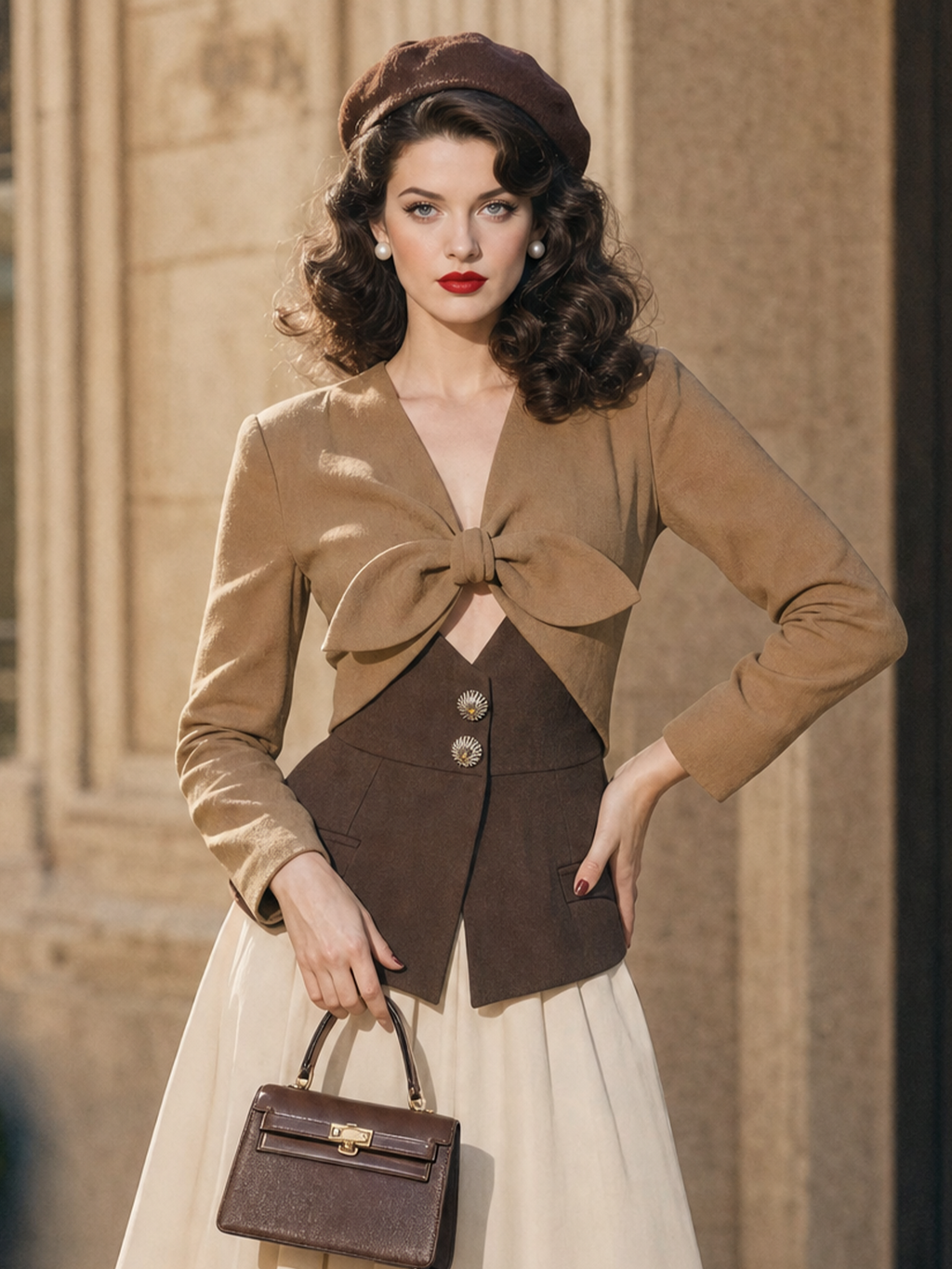 Vintage Hepburn Style Bow Front V‑Neck Cropped Top Retro Long Sleeve Blouse
