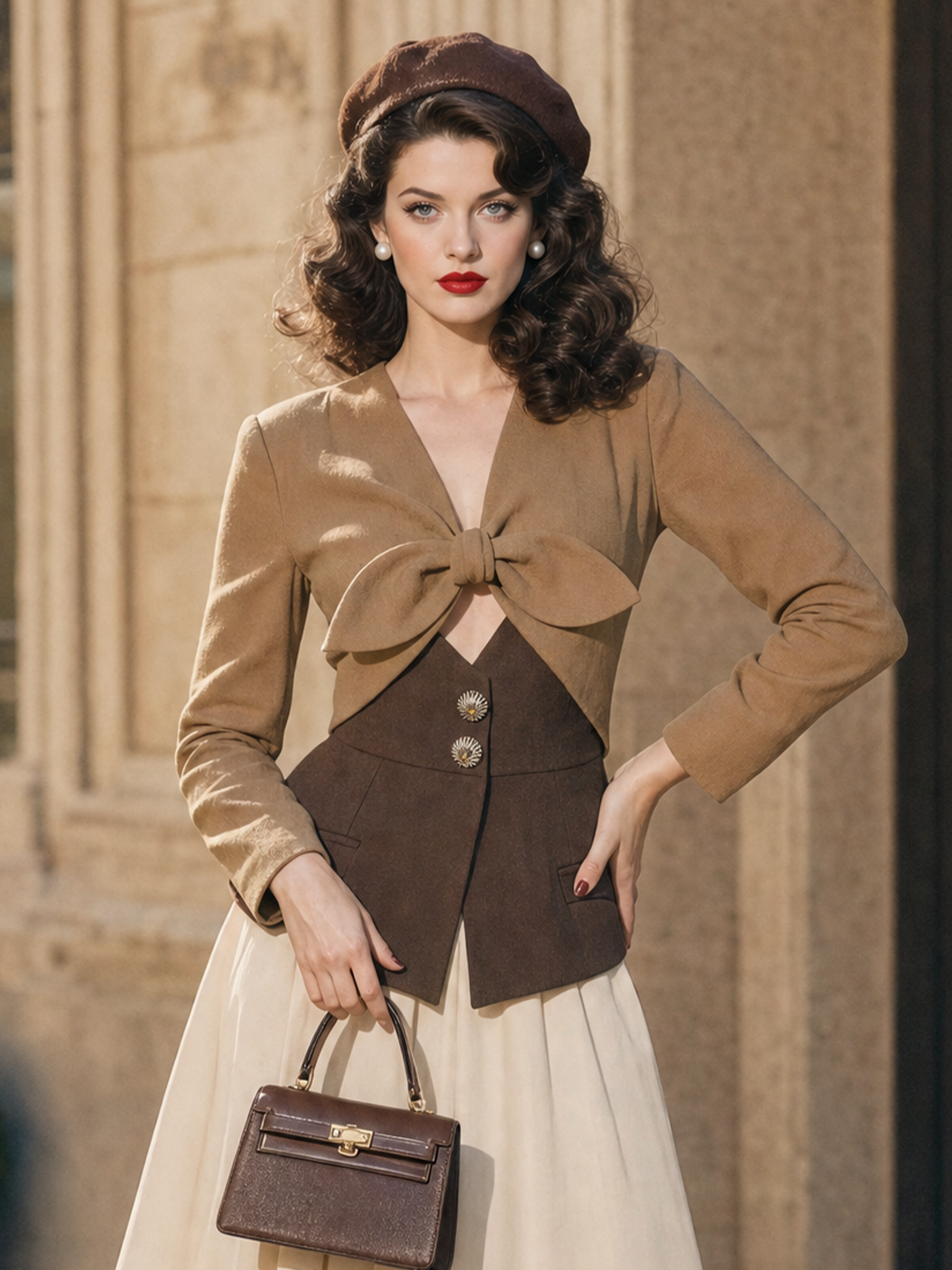 Vintage Hepburn Style Bow Front V‑Neck Cropped Top Retro Long Sleeve Blouse