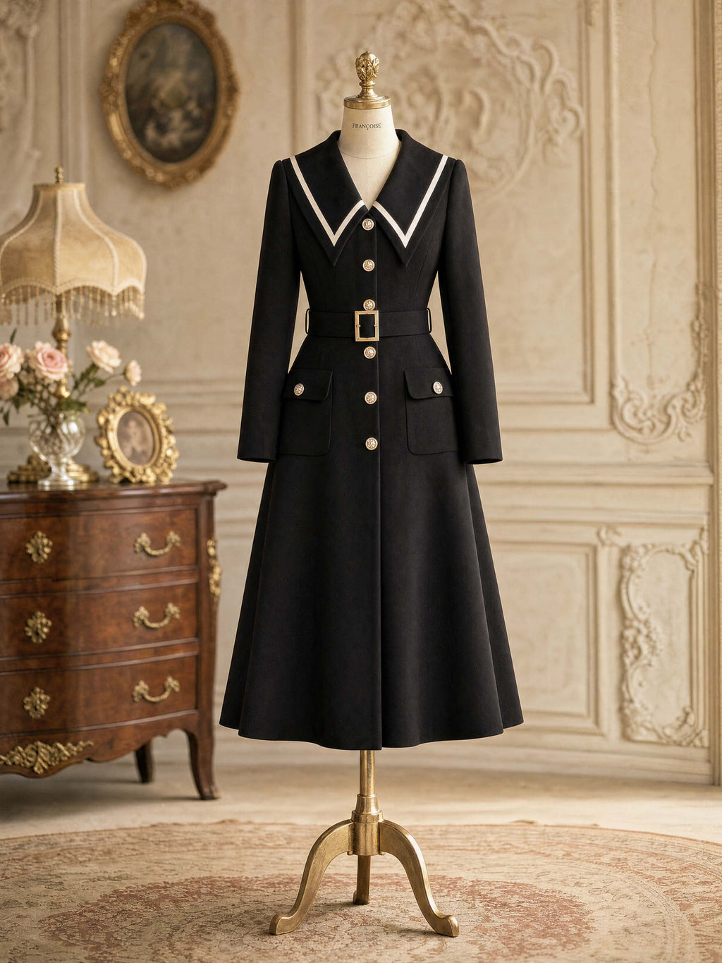 Vintage Collared Belted Midi Coat Dress