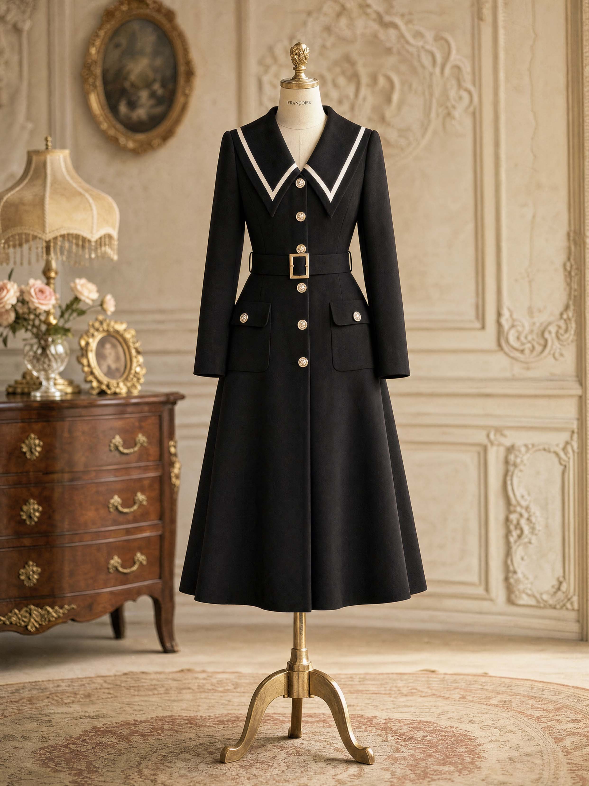 Vintage Collared Belted Midi Coat Dress