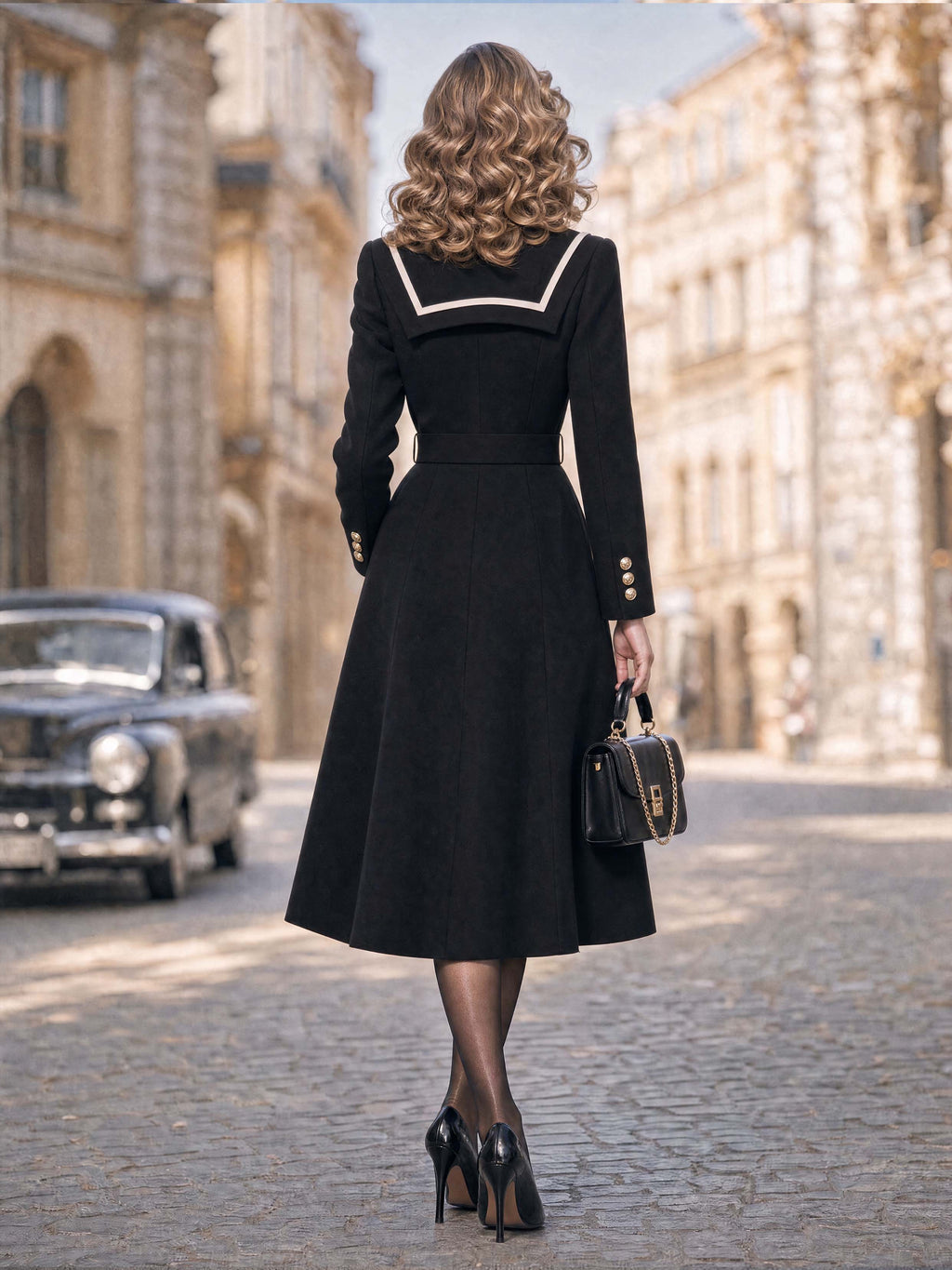 Vintage Collared Belted Midi Coat Dress