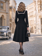 Vintage Collared Belted Midi Coat Dress