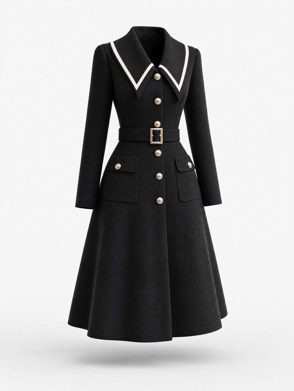 Vintage Collared Belted Midi Coat Dress