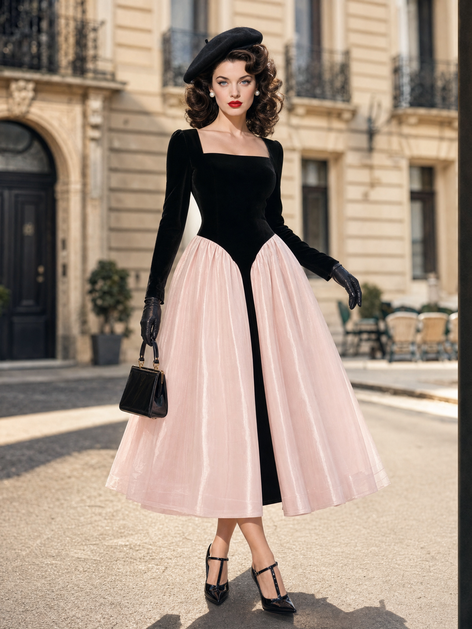 Vintage Color Block Square Neck Long Sleeve Velvet Tulle Midi Dress