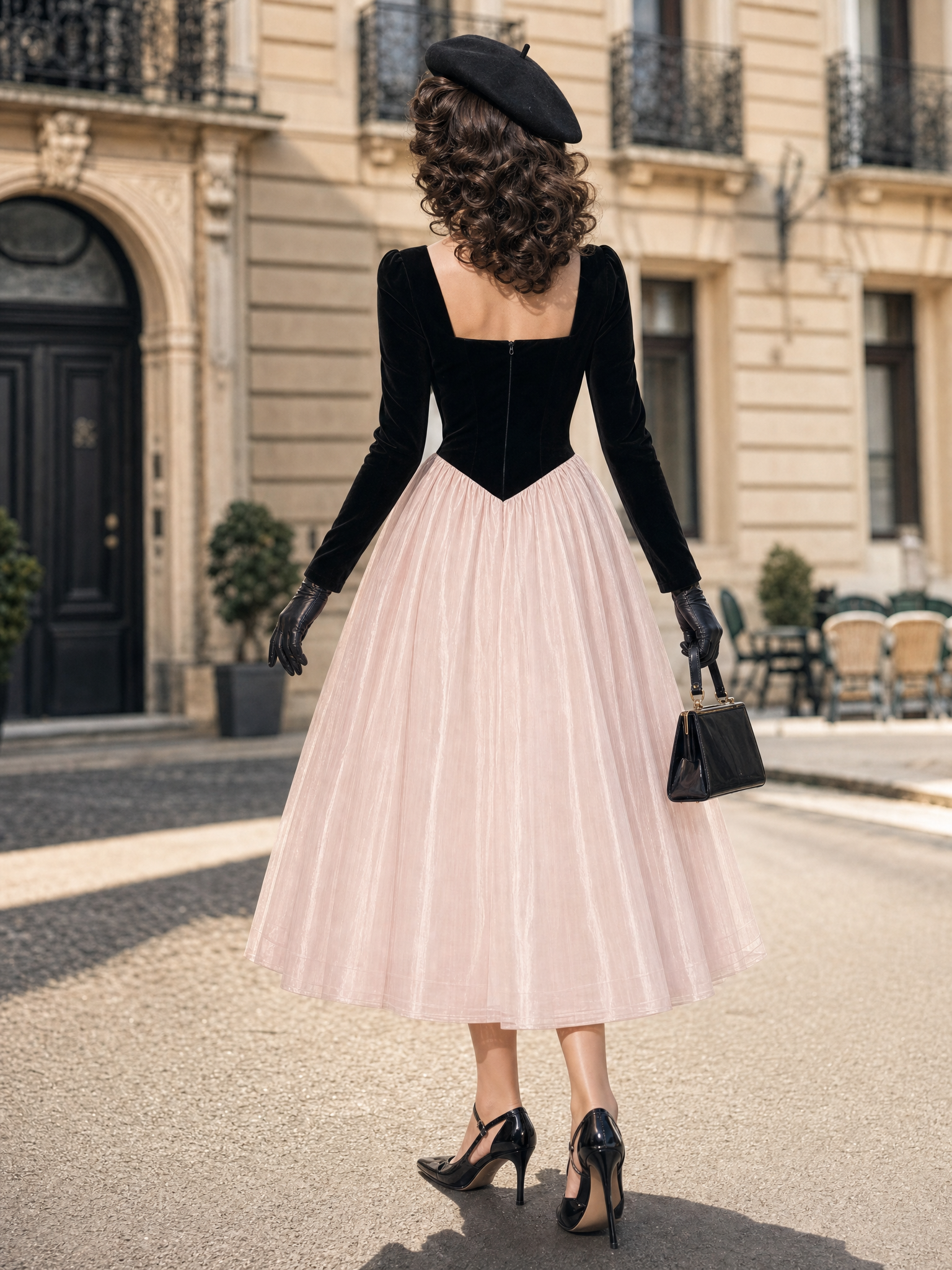 Vintage Color Block Square Neck Long Sleeve Velvet Tulle Midi Dress