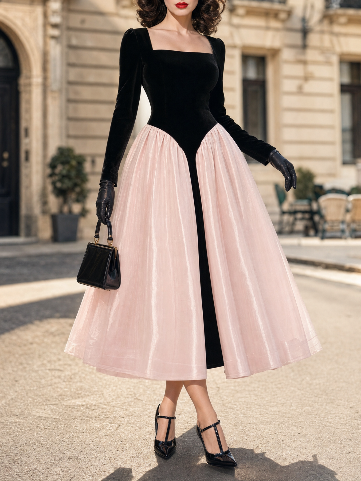 Vintage Color Block Square Neck Long Sleeve Velvet Tulle Midi Dress