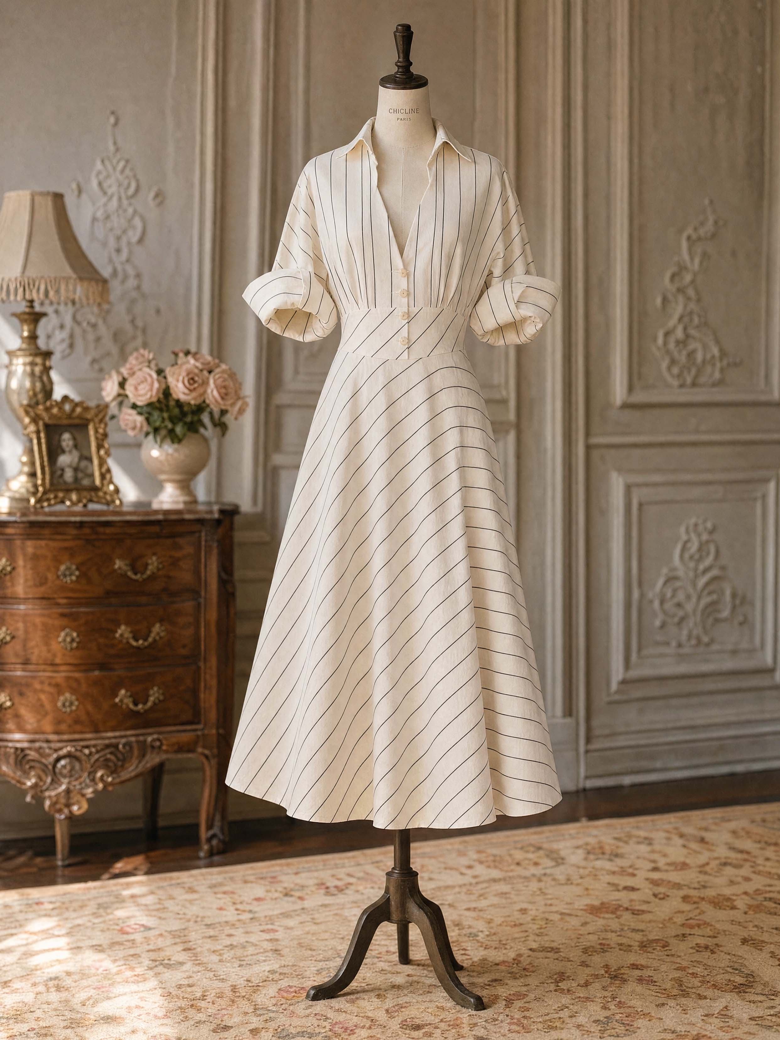 Vintage Striped Midi Shirt Dress