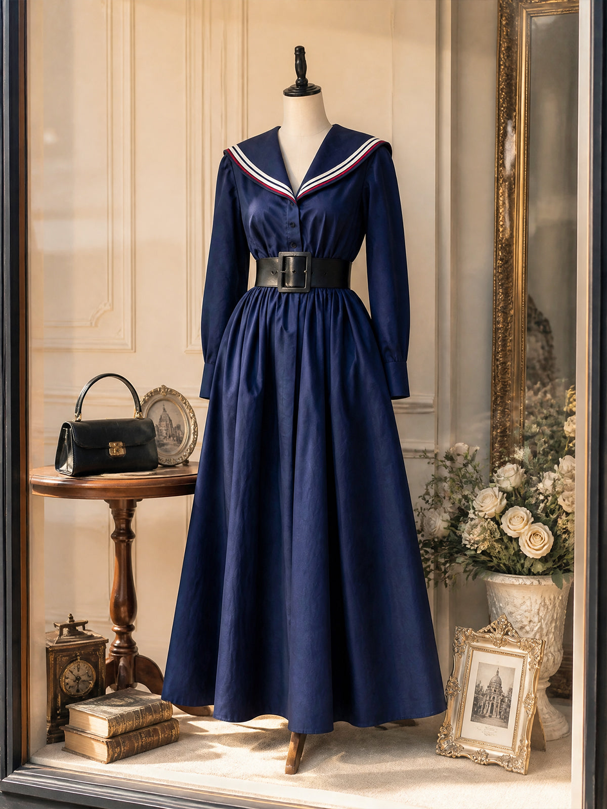 Vintage Navy Sailor-Collar Belted Long-Sleeve Maxi Dress