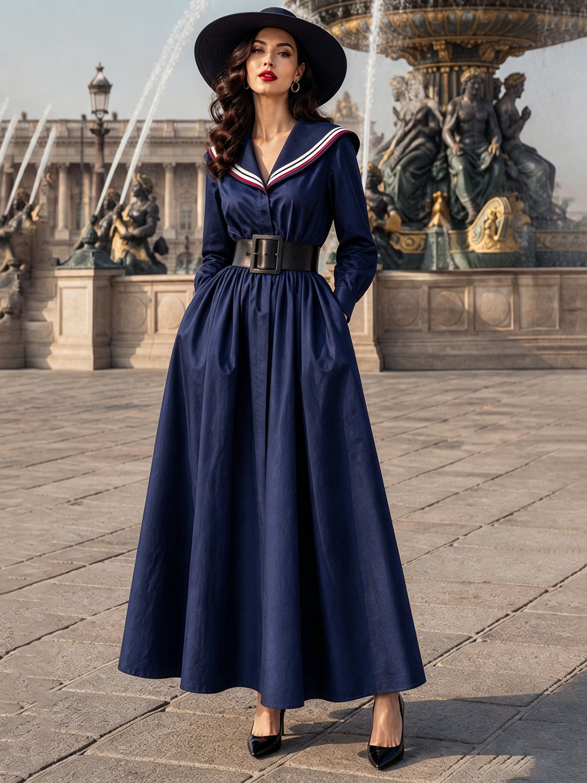 Vintage Navy Sailor-Collar Belted Long-Sleeve Maxi Dress