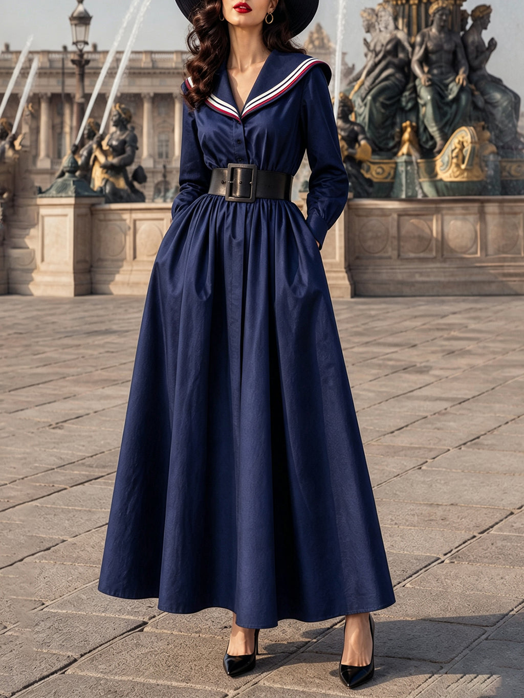 Vintage Navy Sailor-Collar Belted Long-Sleeve Maxi Dress