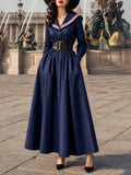 Vintage Navy Sailor-Collar Belted Long-Sleeve Maxi Dress
