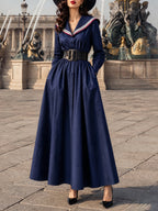Vintage Navy Sailor-Collar Belted Long-Sleeve Maxi Dress
