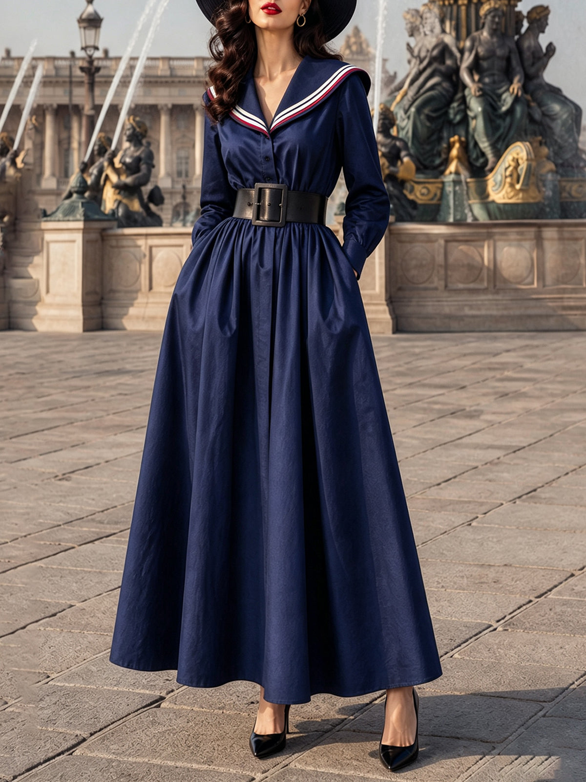 Vintage Navy Sailor-Collar Belted Long-Sleeve Maxi Dress