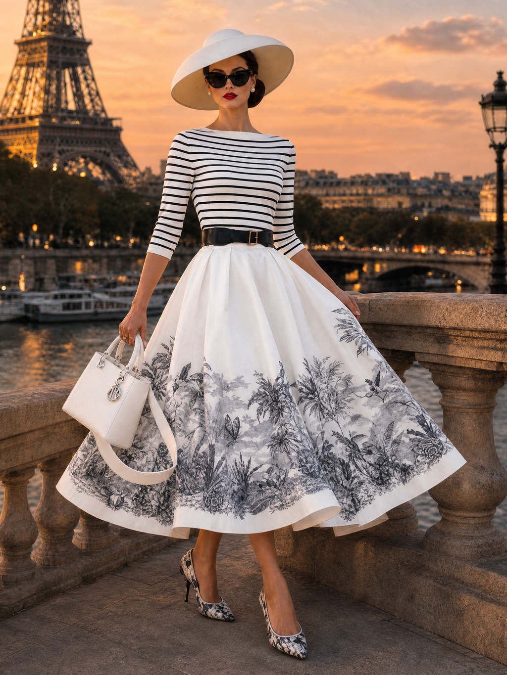 Vintage Striped Knit Top Printed Flared Skirt Set