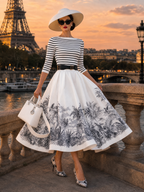Vintage Striped Knit Top Printed Flared Skirt Set