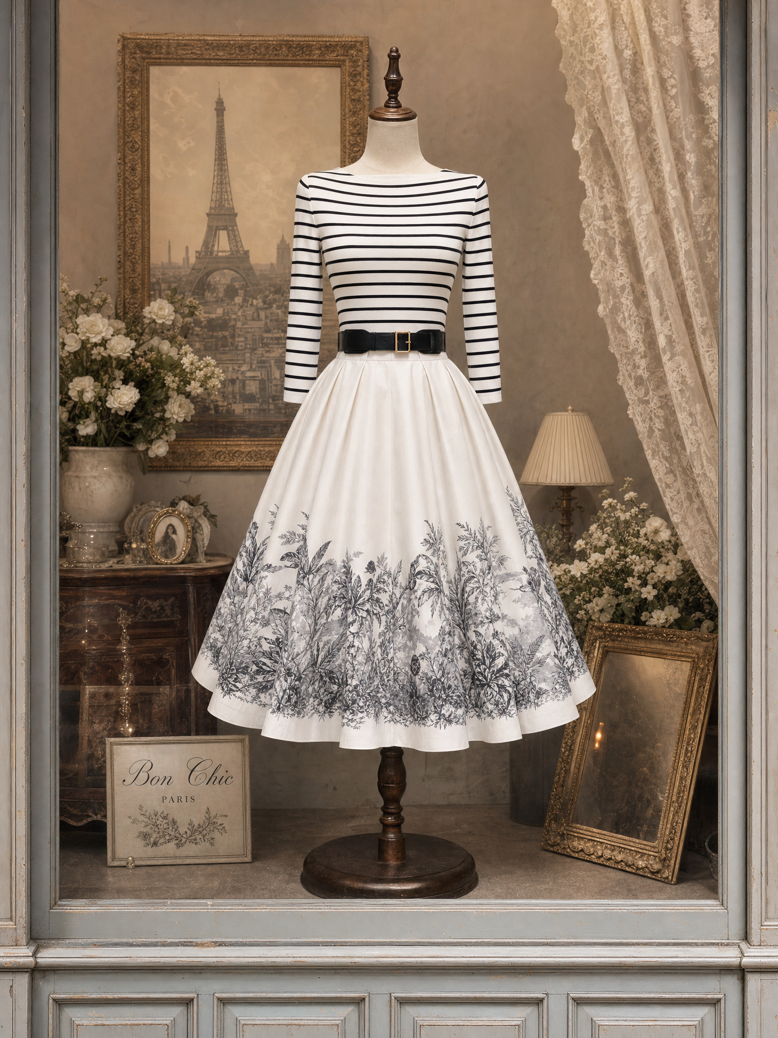 Vintage Striped Knit Top Printed Flared Skirt Set