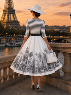 Vintage Striped Knit Top Printed Flared Skirt Set