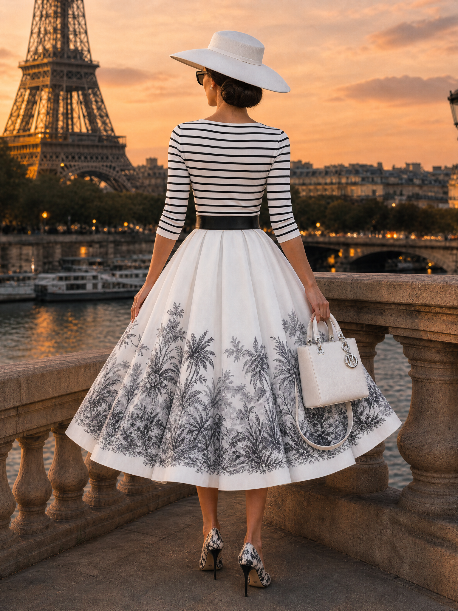 Vintage Striped Knit Top Printed Flared Skirt Set