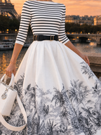 Vintage Striped Knit Top Printed Flared Skirt Set