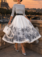 Vintage Striped Knit Top Printed Flared Skirt Set