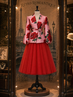 Vintage Printed Waist‑Tied Coat Tulle Skirt Set
