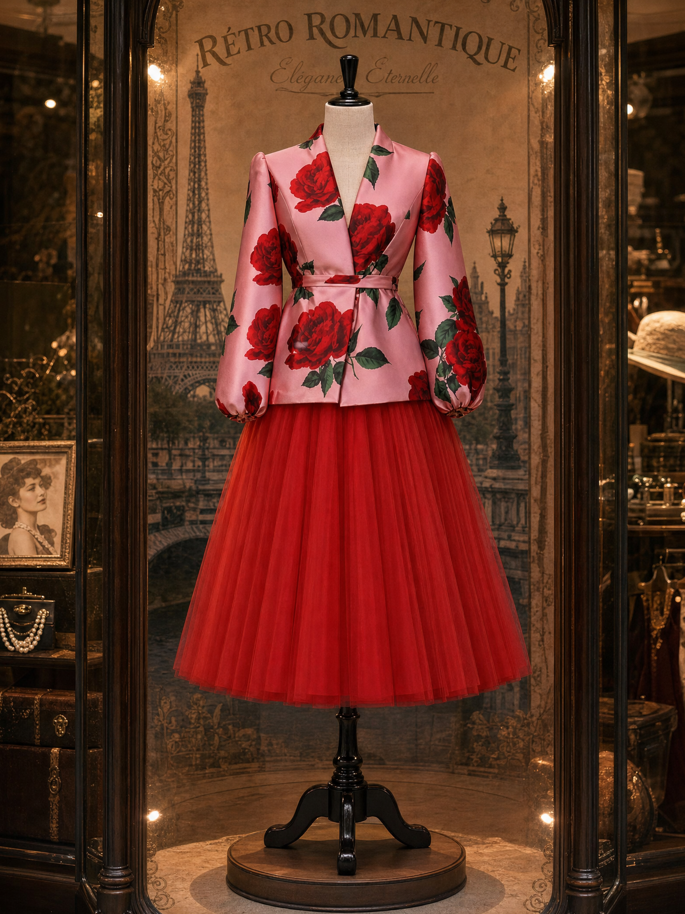 Vintage Printed Waist‑Tied Coat Tulle Skirt Set