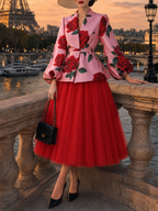 Vintage Printed Waist‑Tied Coat Tulle Skirt Set