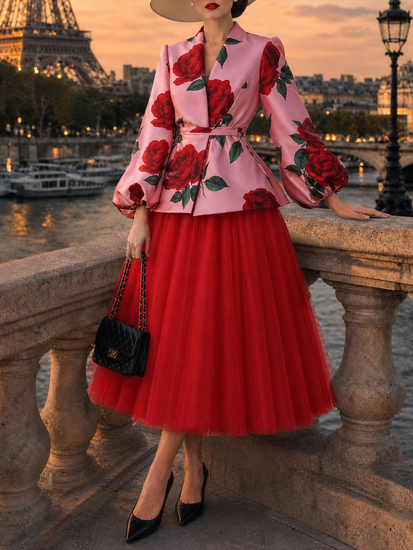Vintage Printed Waist‑Tied Coat Tulle Skirt Set