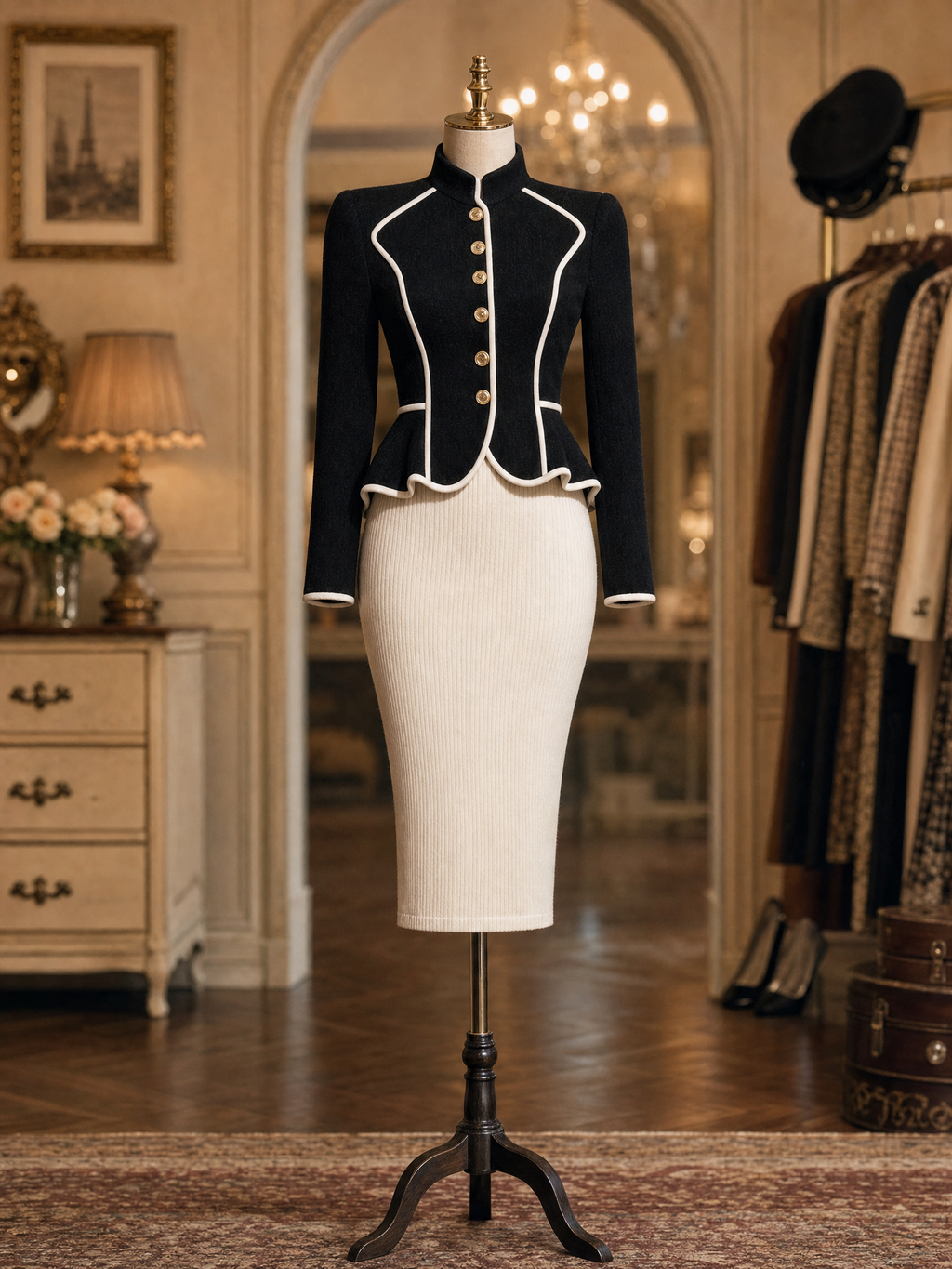 Vintage Peplum Jacket Contrast Piping Stand Collar Gold Button Coat