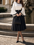 Vintage Black White Contrast Bell Sleeve Midi Dress