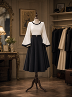Vintage Black White Contrast Bell Sleeve Midi Dress