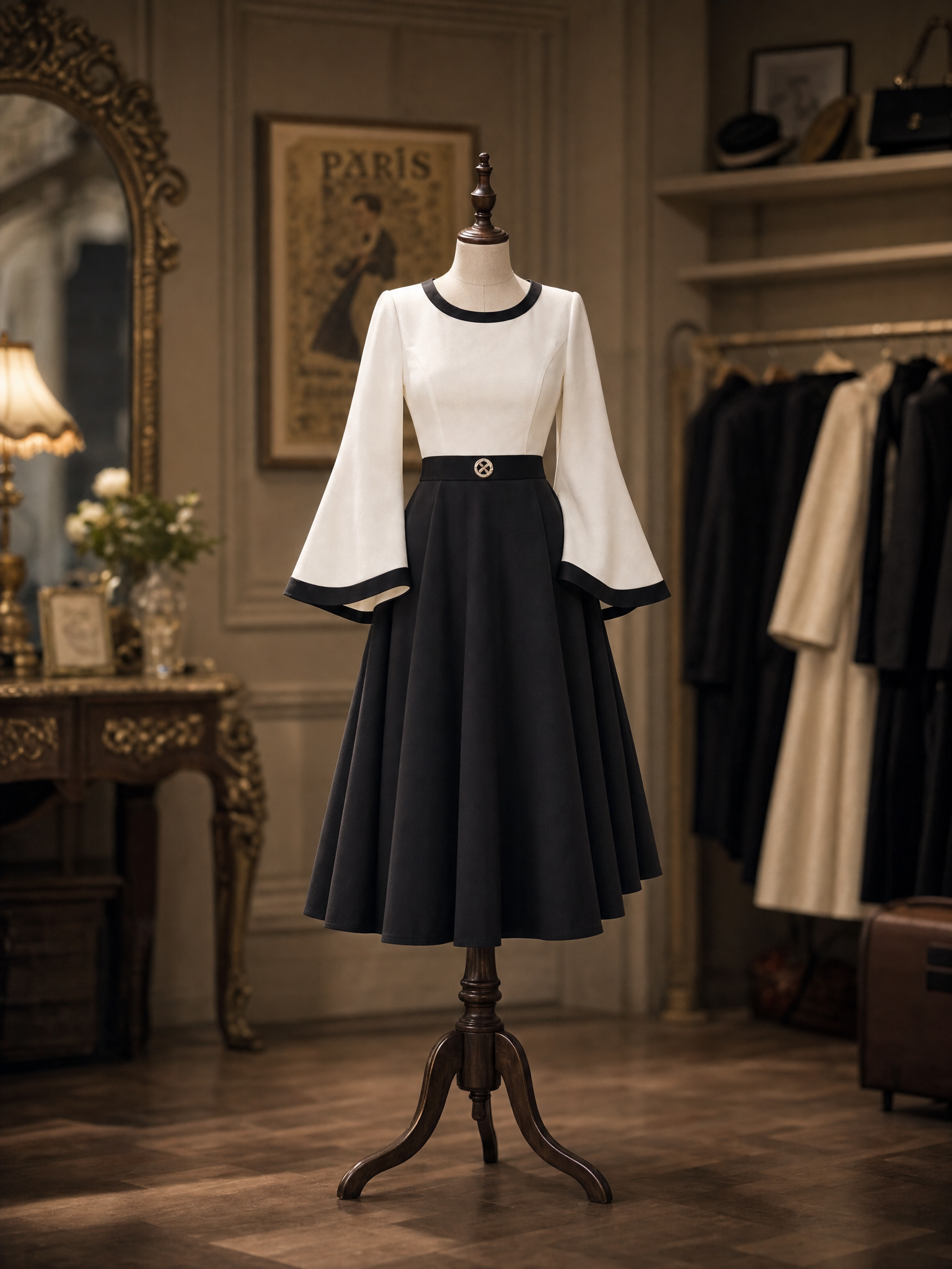 Vintage Black White Contrast Bell Sleeve Midi Dress